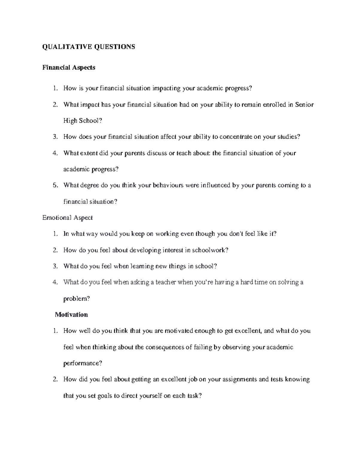Quantitative- Questions - QUALITATIVE QUESTIONS Financial Aspects How ...