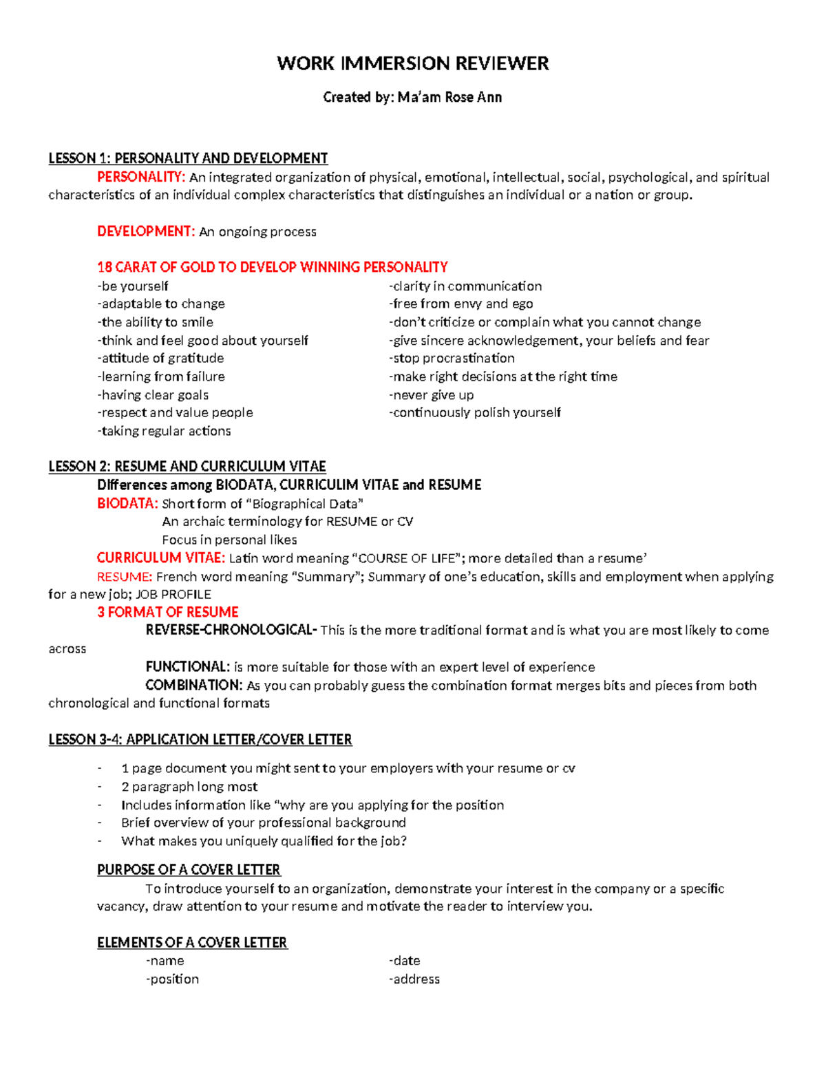 WORK- Immersion- Reviewer - WORK IMMERSION REVIEWER Created by: Ma’am ...