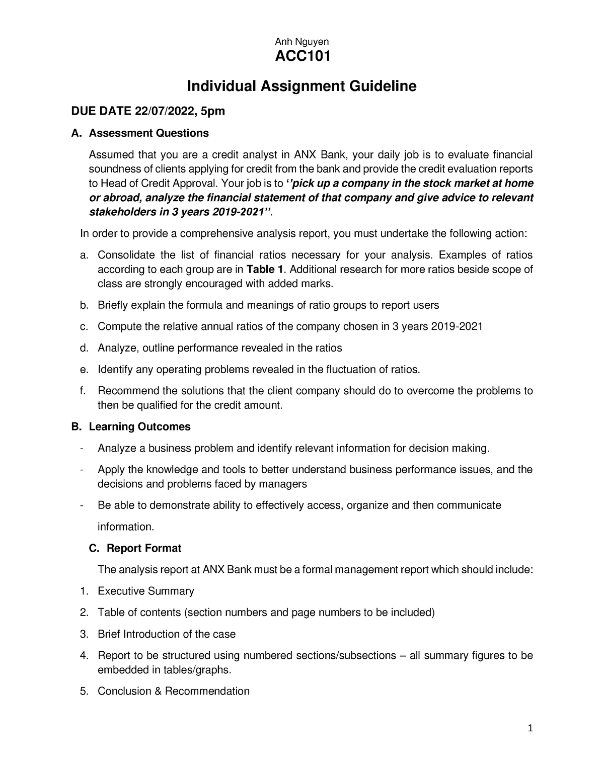 ACC101 Individual Assignment Guideline - Anh Nguyen ACC 1 Individual ...