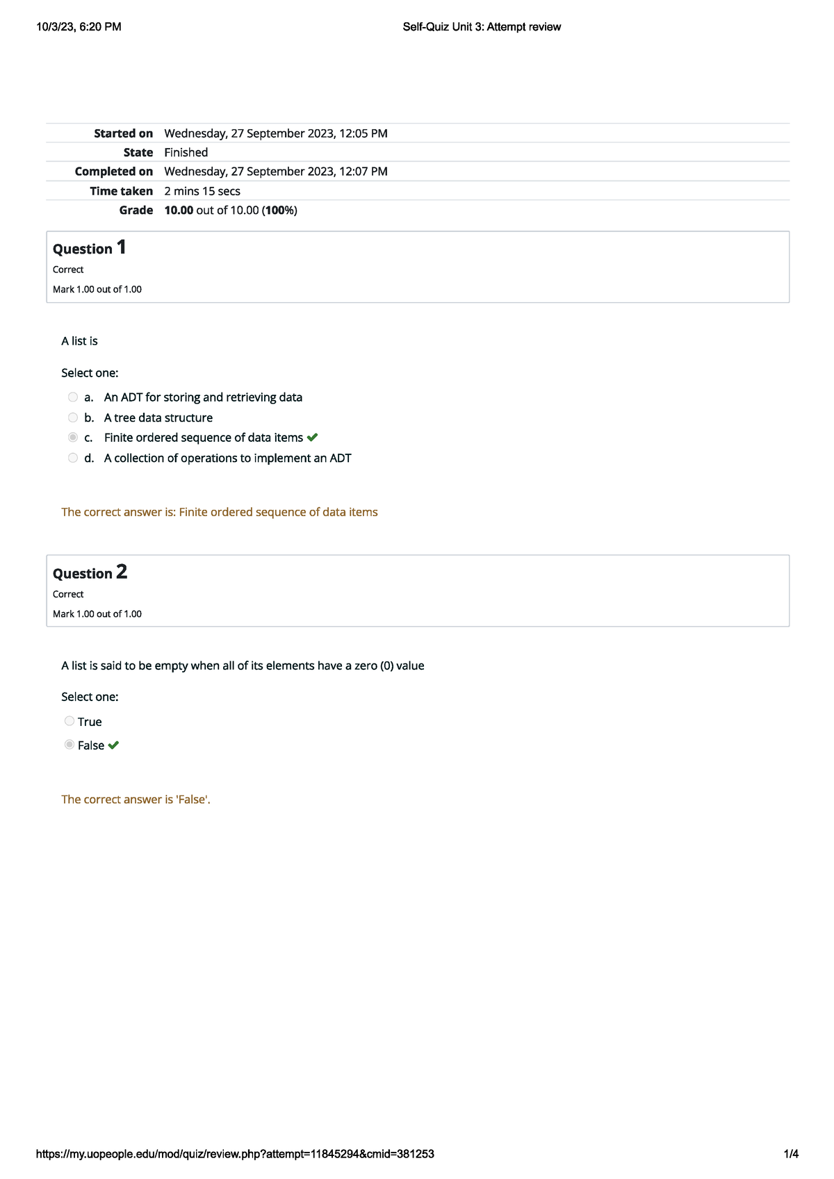 Self Quiz Unit 3 - Self Quiz Unit 3 - Data Structures CS 3303 - CS 3303 ...