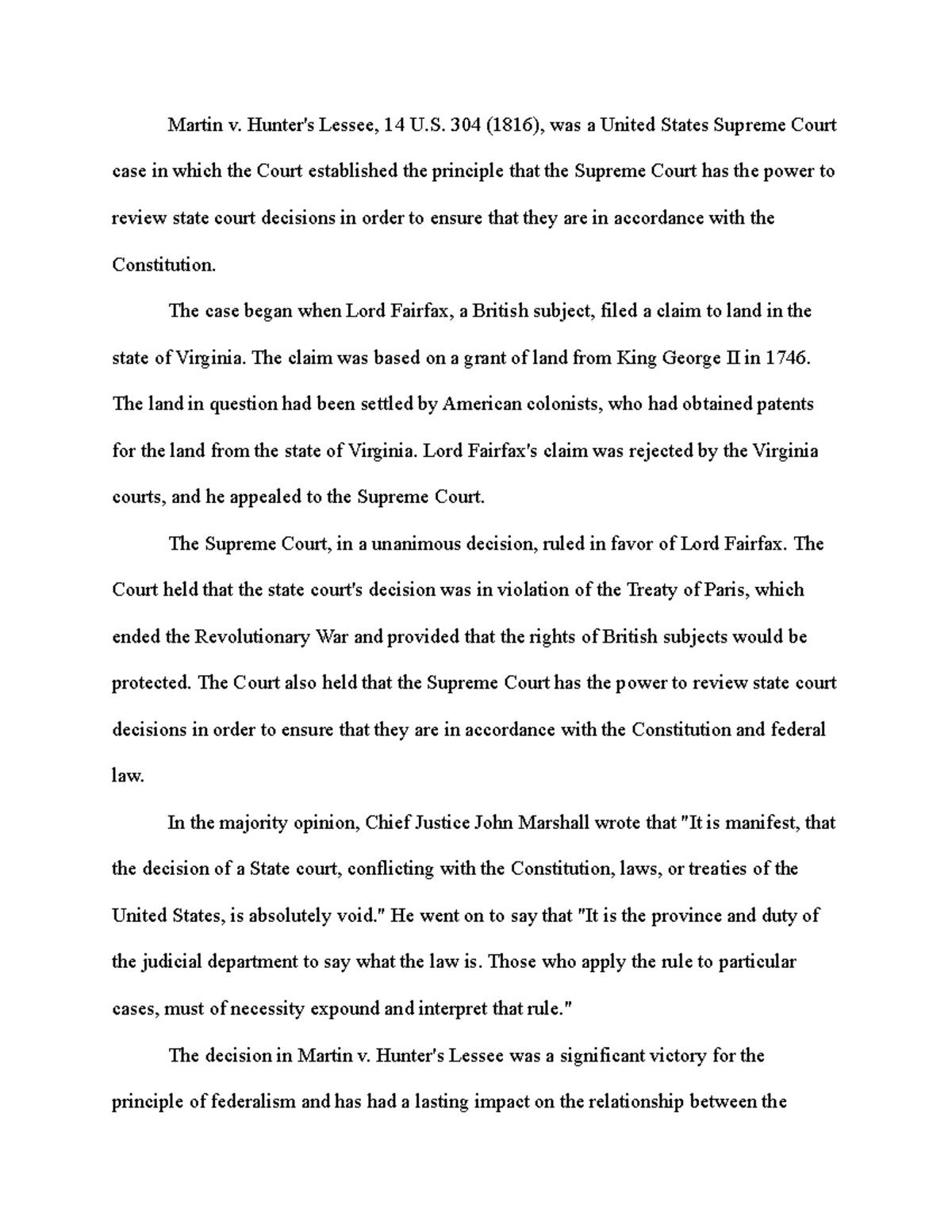 Martin v Hunter's Lessee Martin v. Hunter's Lessee, 14 U. 304 (1816