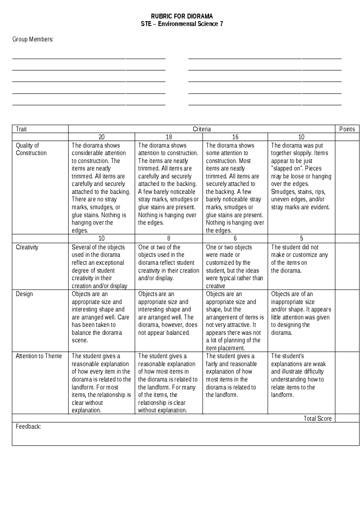 Rubric FOR Diorama - RUBRIC FOR DIORAMA STE – Environmental Science 7 ...