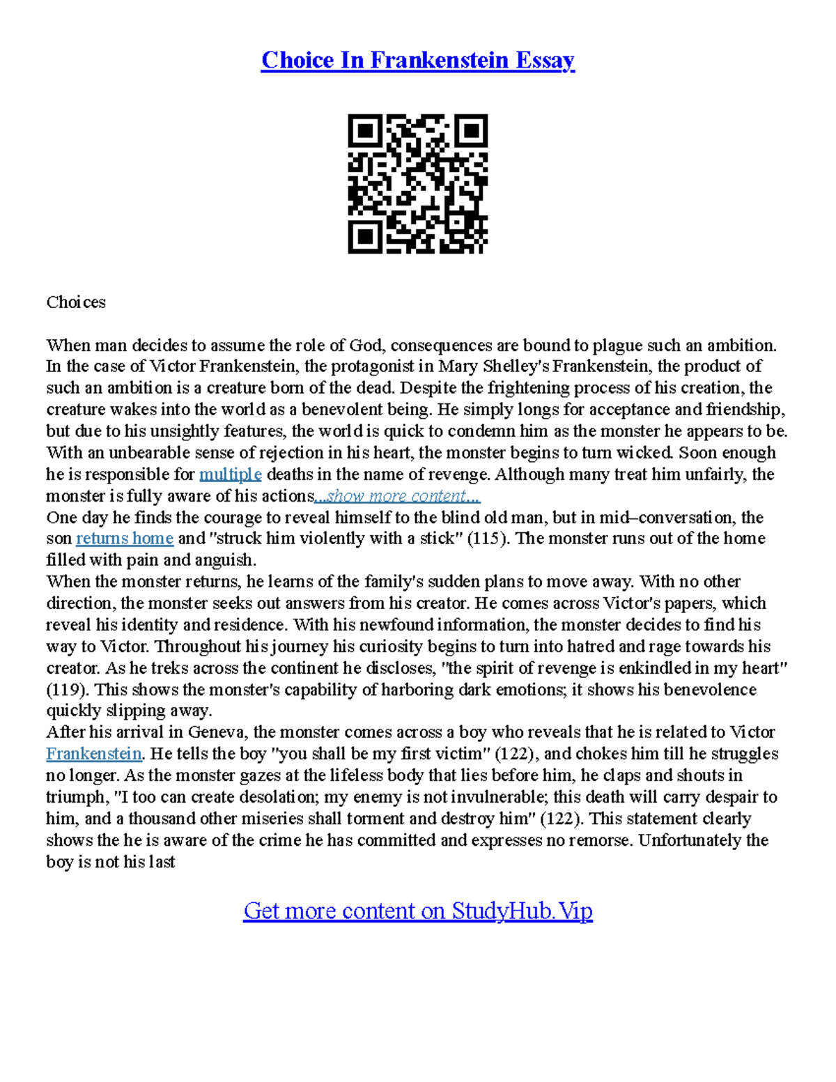 Frankenstein Essay Introduction - Choice In Frankenstein Essay Choices ...