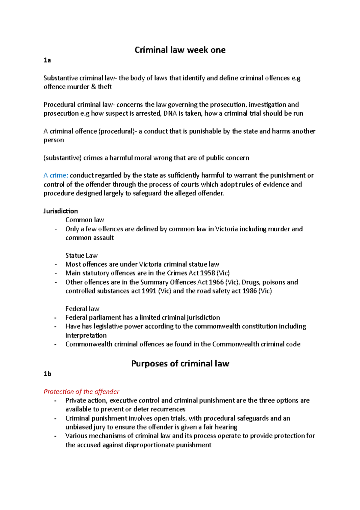 Criminal law week one - Lecture notes 1 - Criminal law week one 1a ...