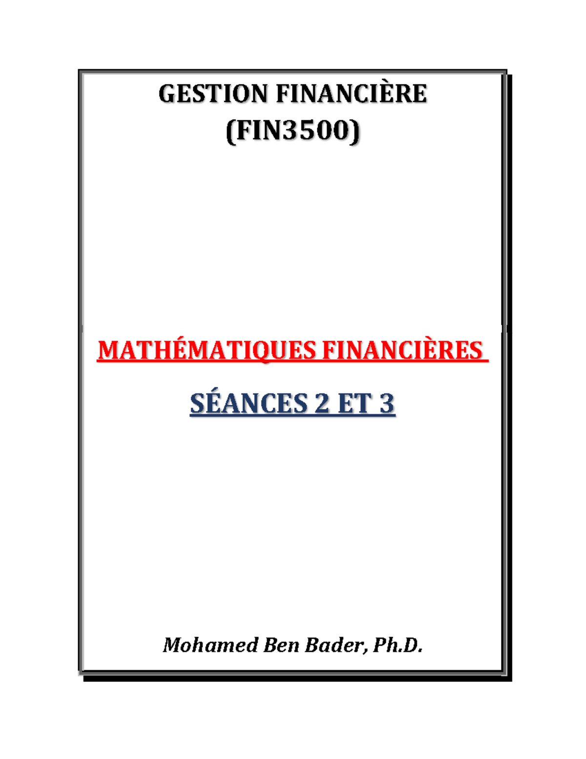 Notes De Cours S Ance Etud Gestion Financi Re Fin Math Matiques Financi Res