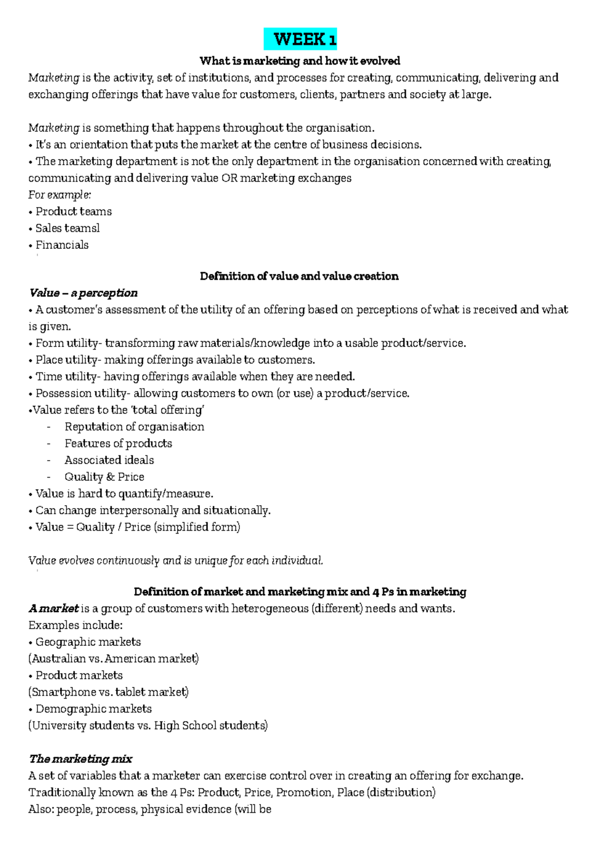 Marketing notes - WEEK 1 What is marketing and how it evolved Marketing ...