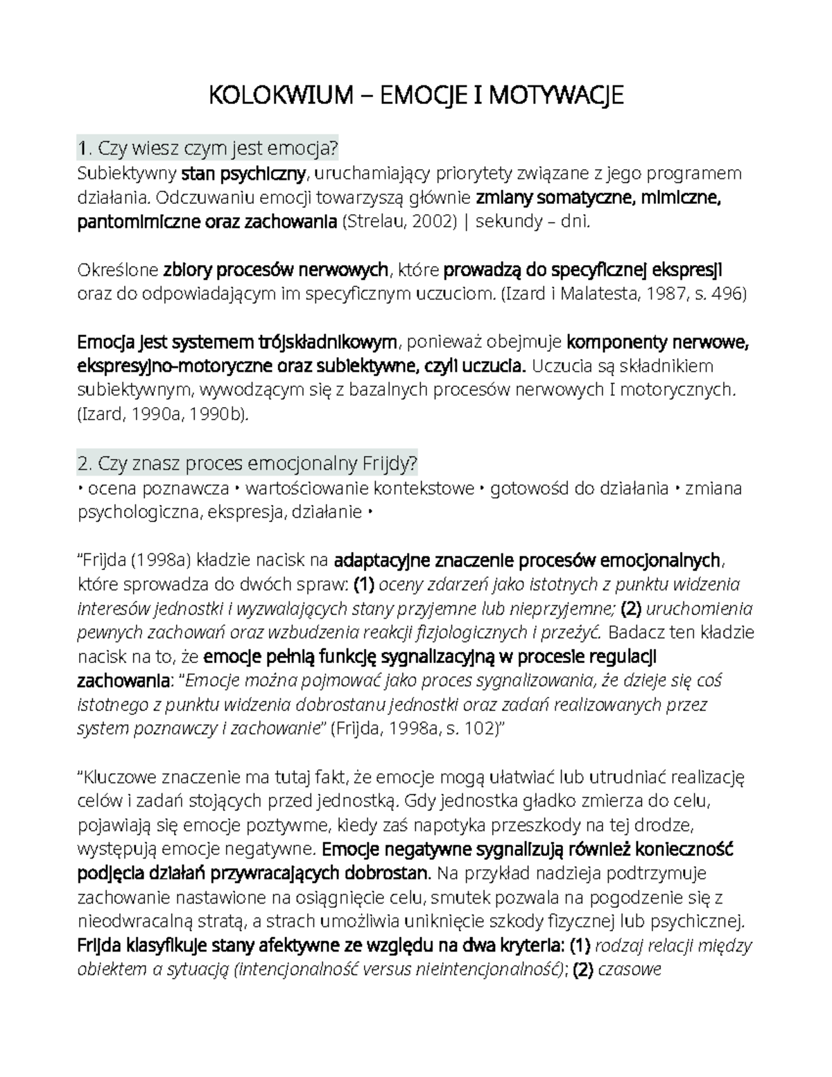 End-of-term Exam Notes. Psychologia Emocji I Motywacji. - KOLOKWIUM ...