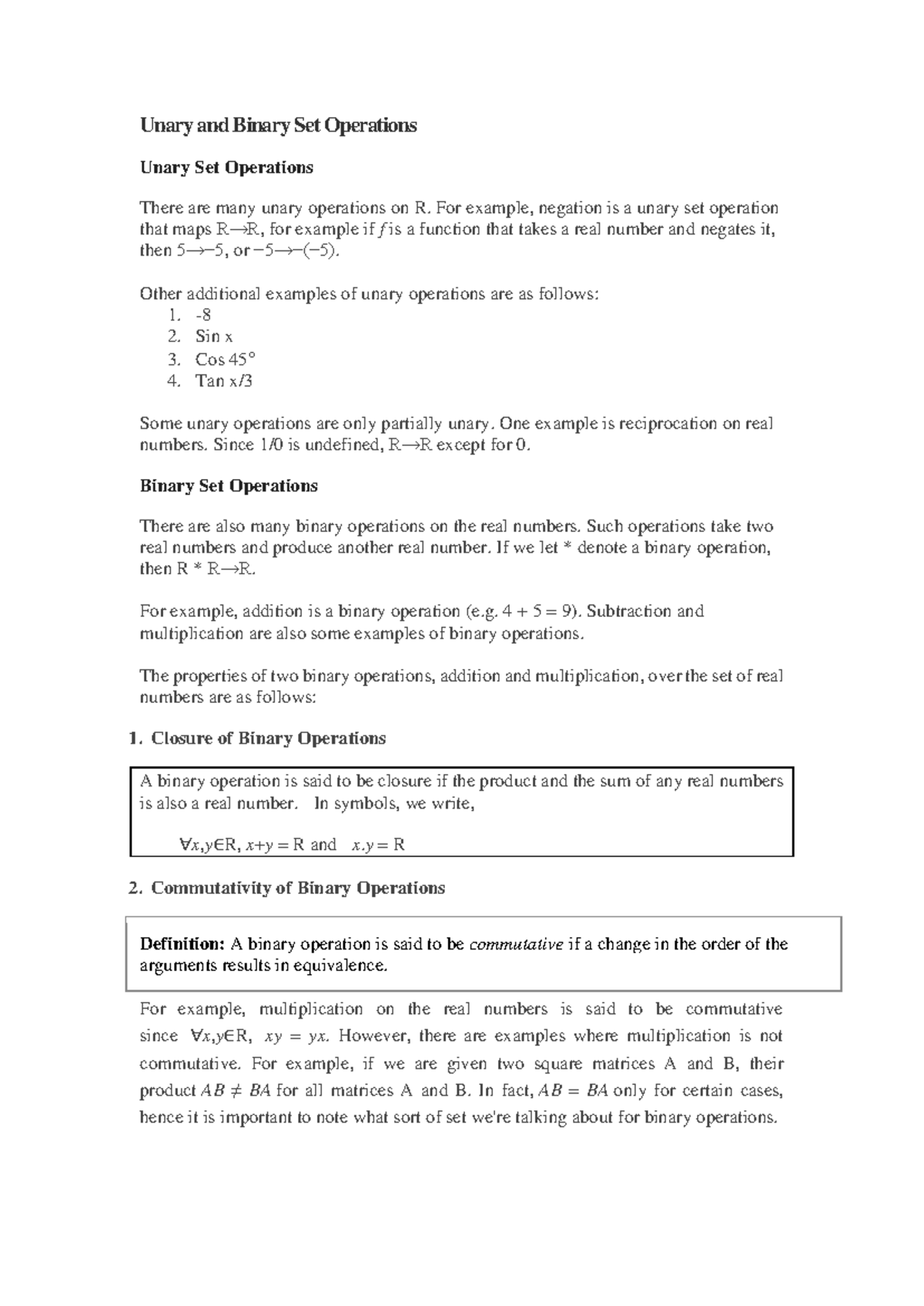 Unary Binary Truth Tables - Unary and Binary Set Operations Unary Set ...