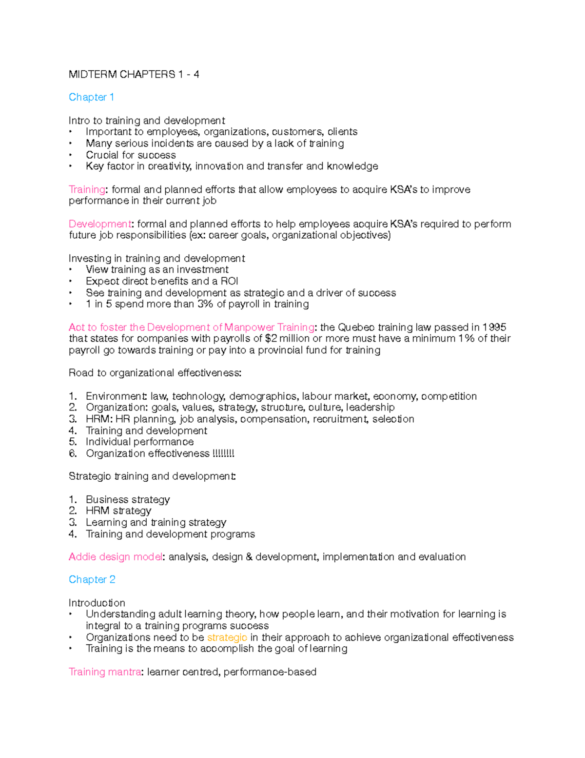 MANA 444 Midterm Notes - MIDTERM CHAPTERS 1 - 4 Chapter 1 Intro to ...
