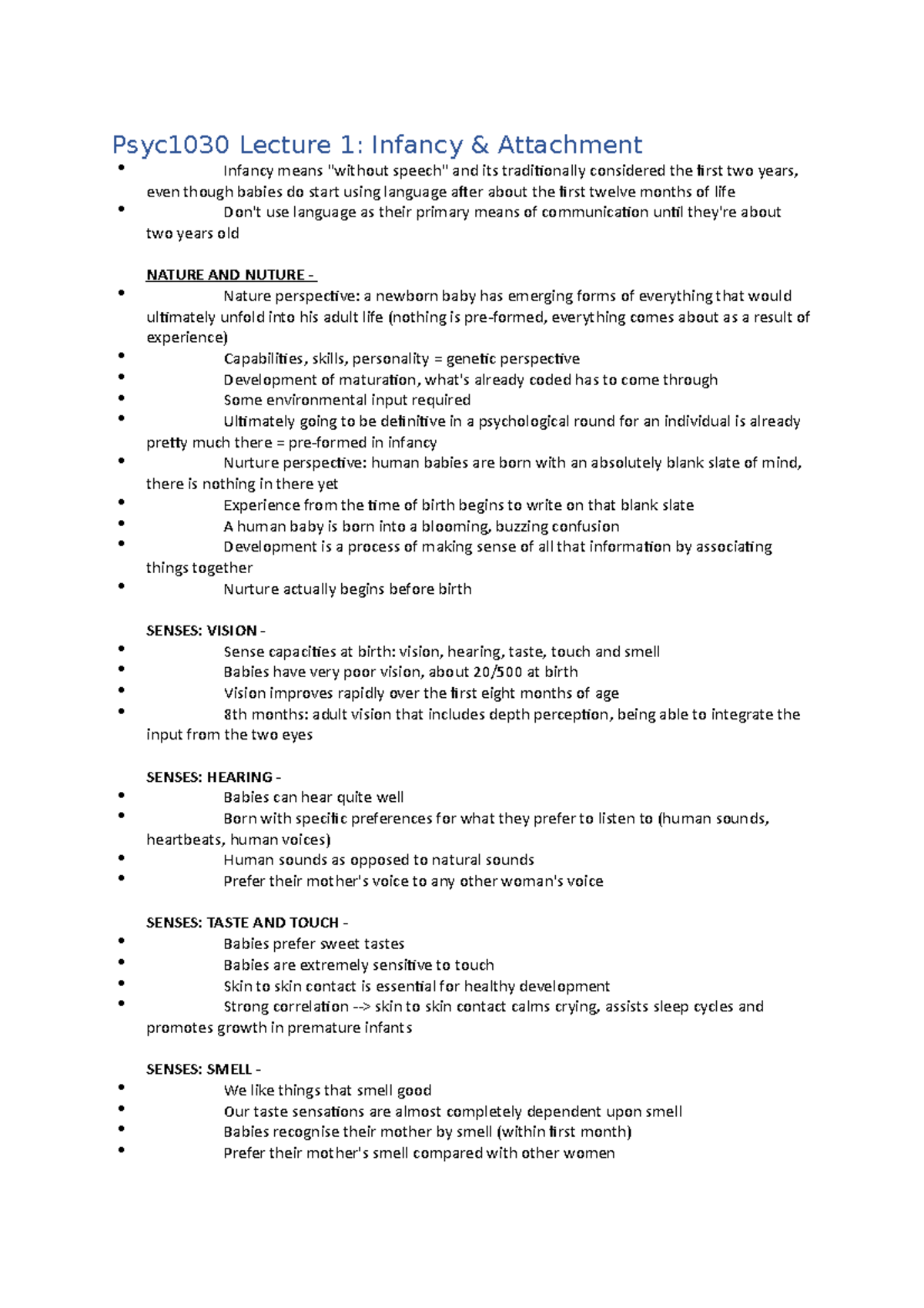 Developmental Psychology lecture 1: Infancy & Attachment - Psyc1030 ...