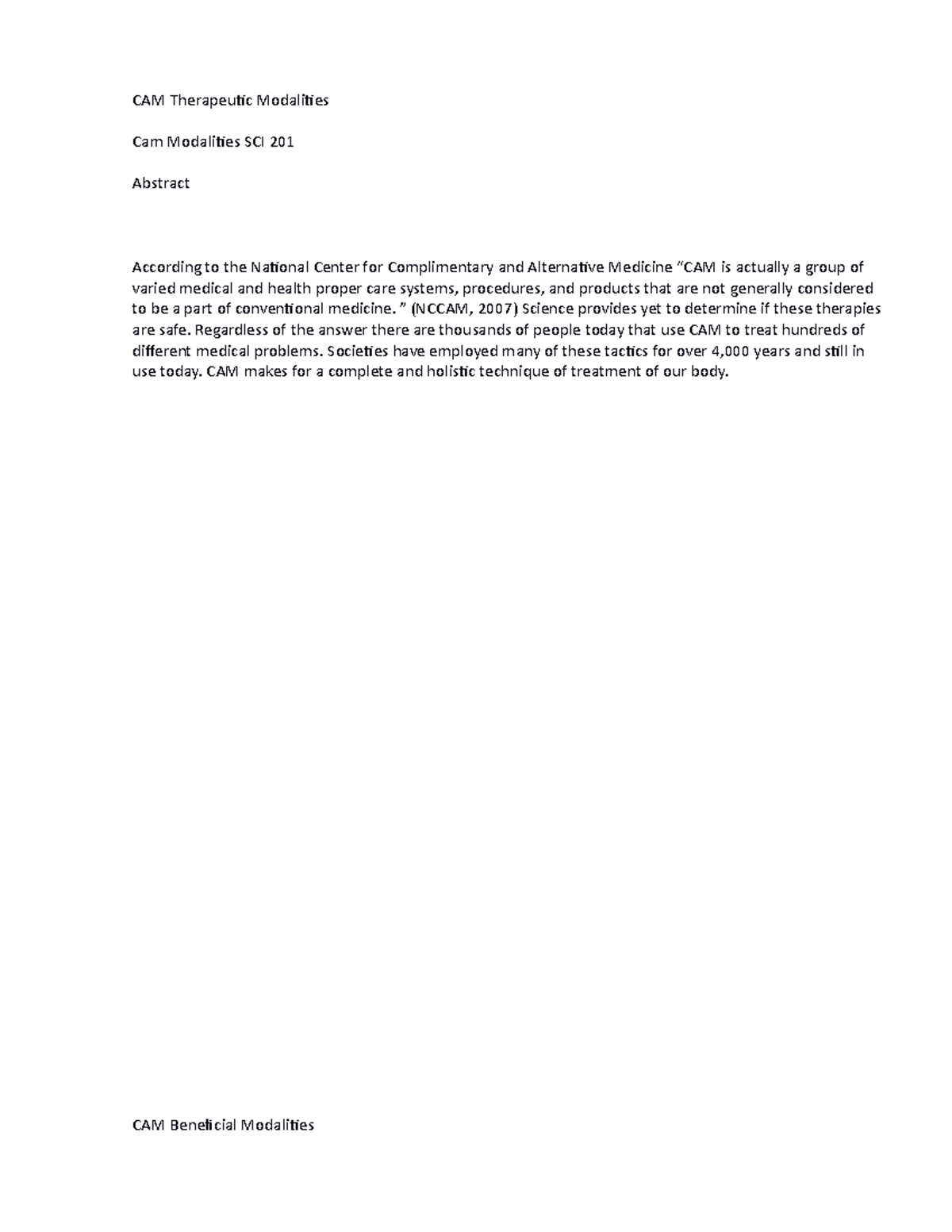 SCI 201 CAM Therapeutic Modalities 1 - CAM Therapeutic Modalities Cam ...