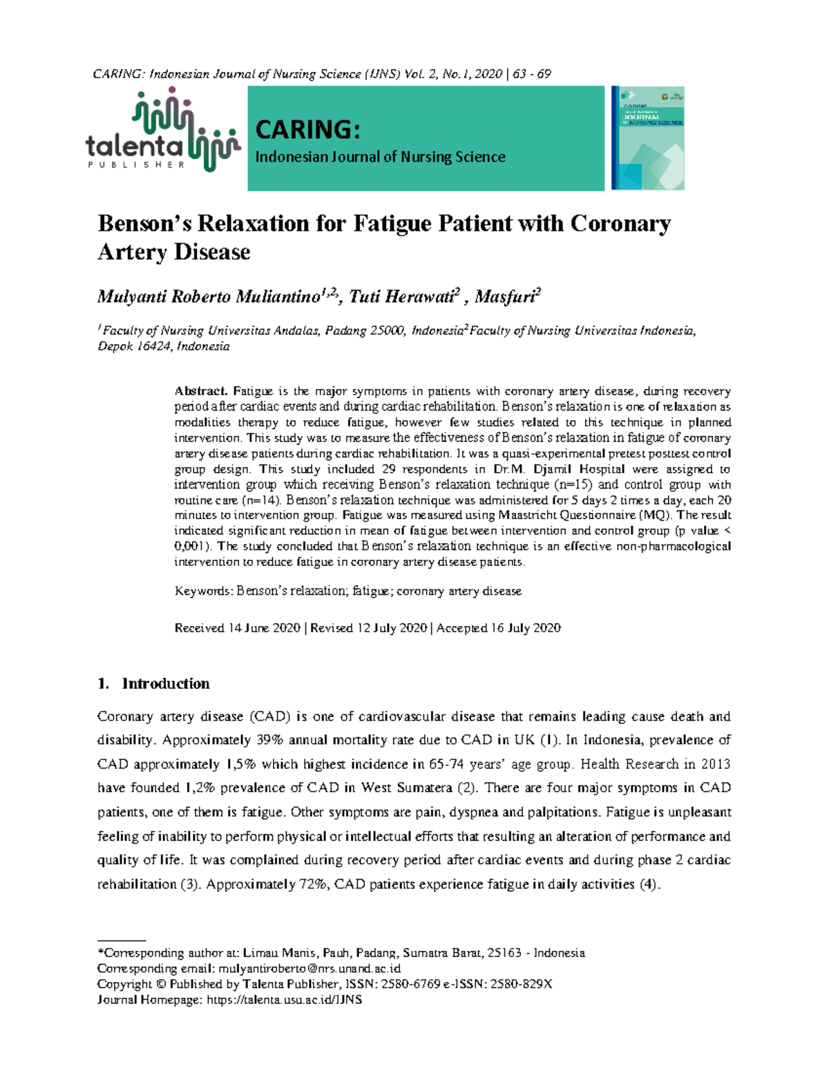 benson relaxation CARING Indonesian Journal of Nursing Science (IJNS