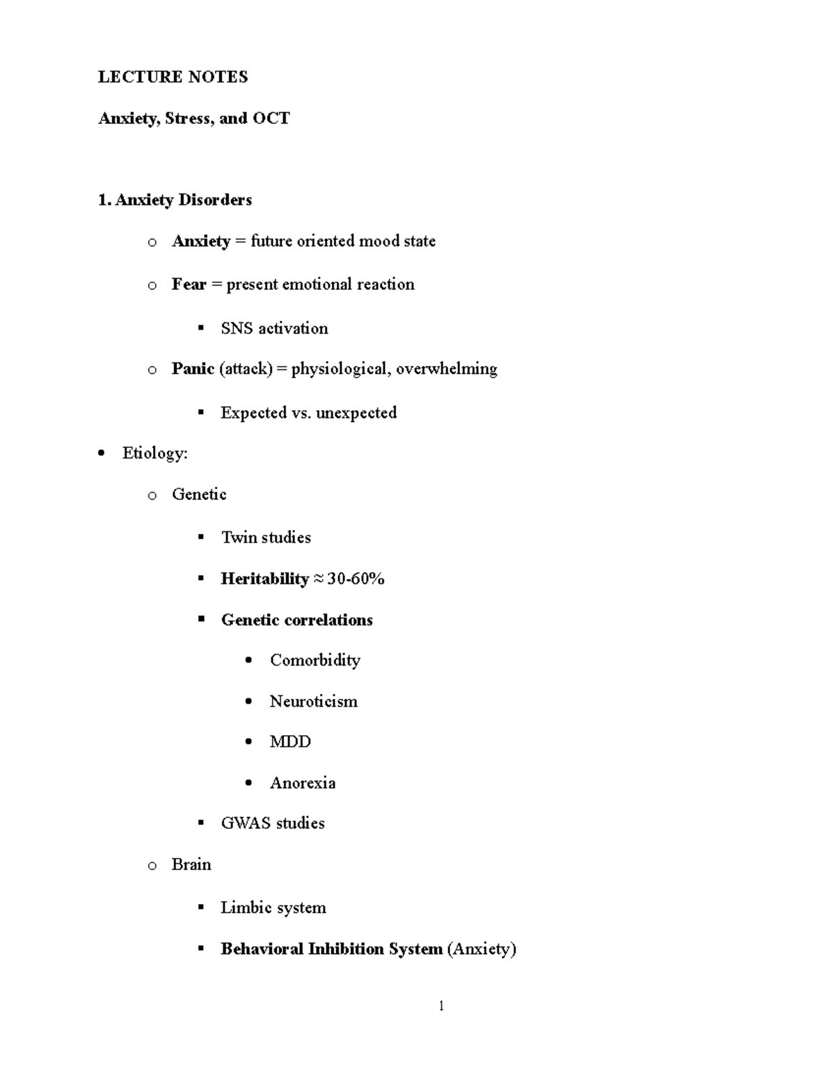 Anxiety, Stress, And OCD - LECTURE NOTES Anxiety, Stress, And OCT 1 ...