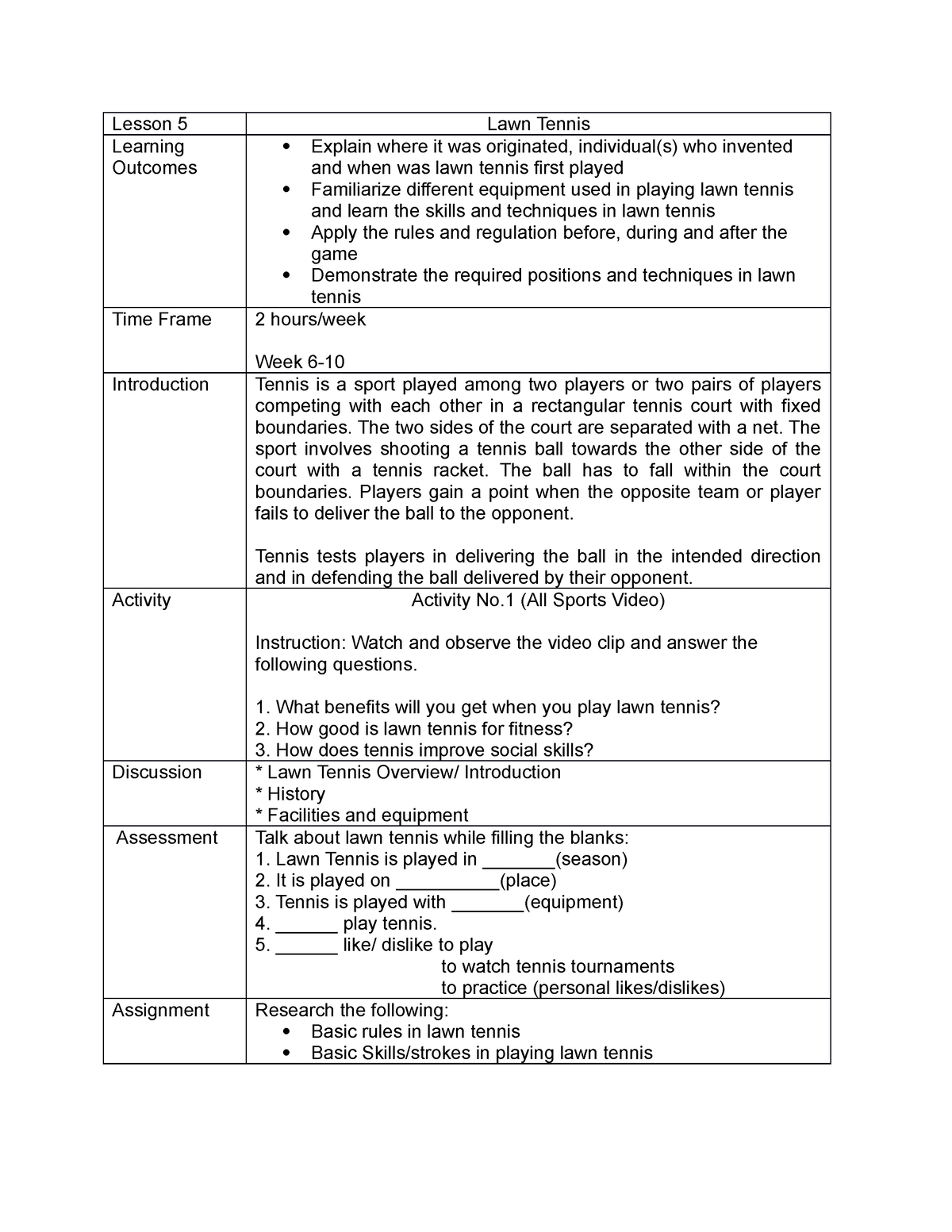 Lesson 5 - Lawn Tennis - Lesson 5 Lawn Tennis Learning Outcomes Explain ...