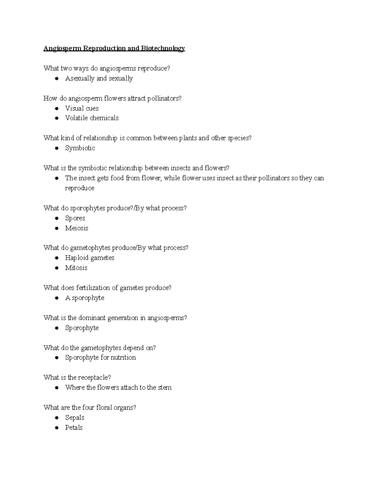 Biology 102 Test #1 - Bio 102 test 1 study guide - Angiosperm ...