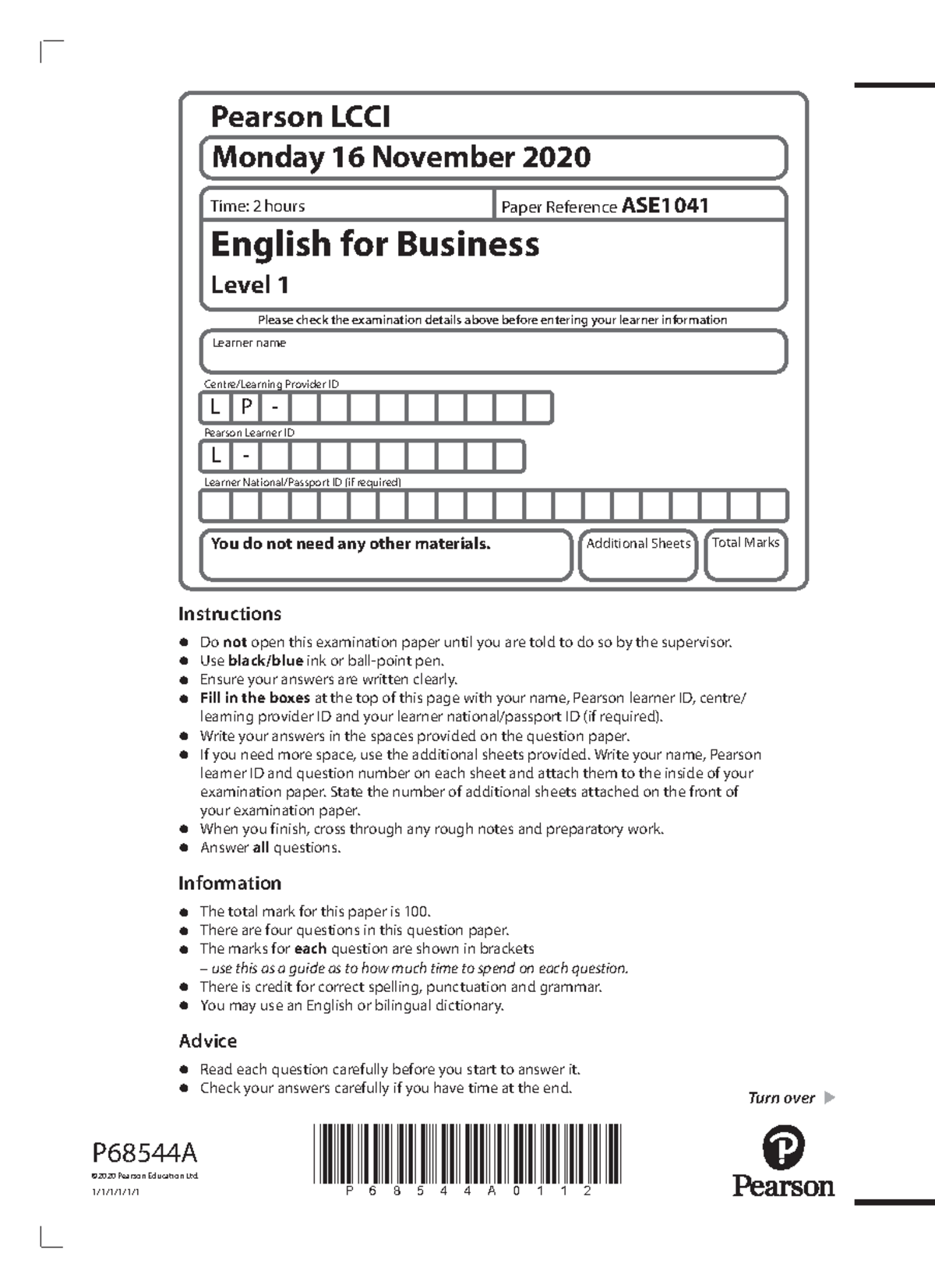 P68544 lcci english for business reading and writing level 1 ASE1041 ...