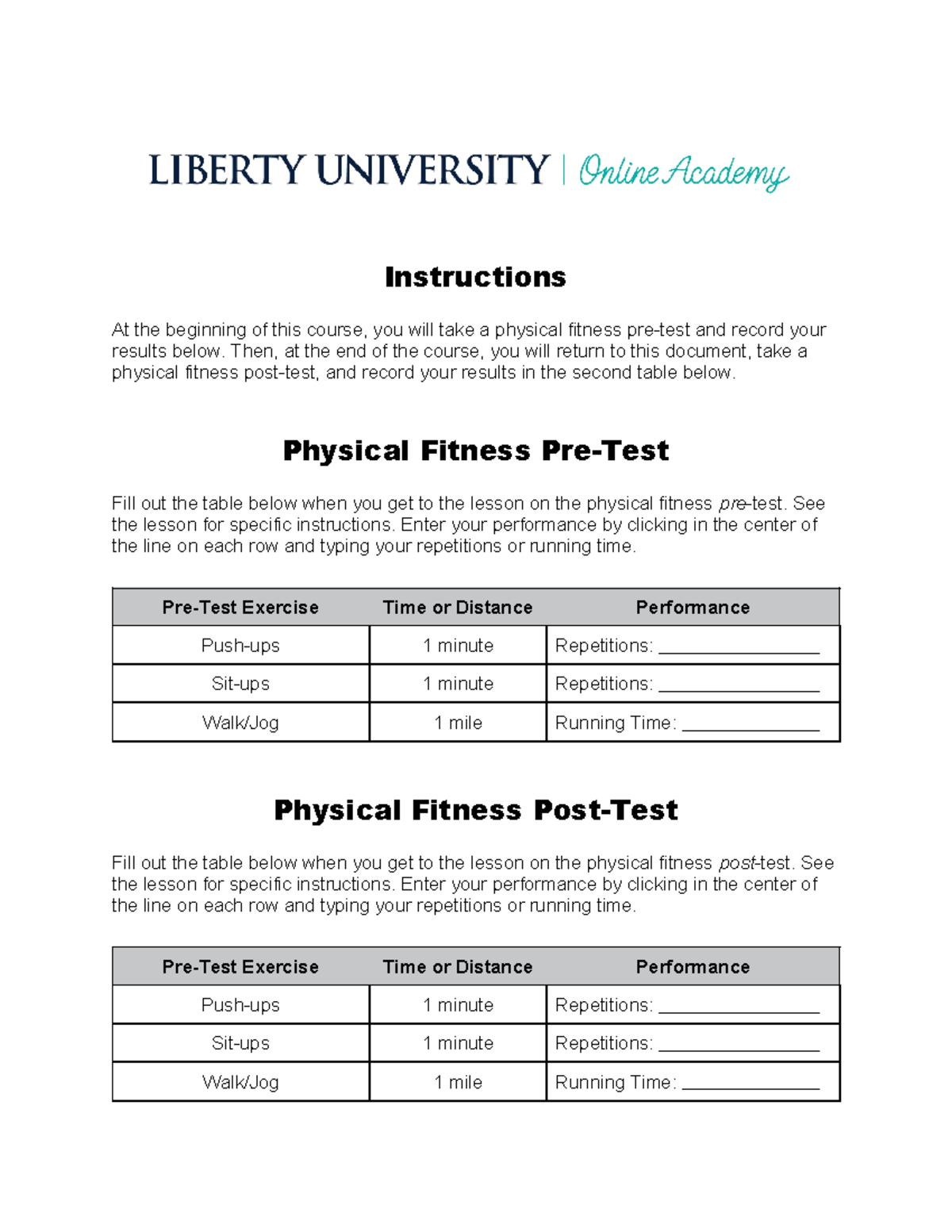 Physical Fitness Pre-Post Test Table - Instructions At the beginning of ...