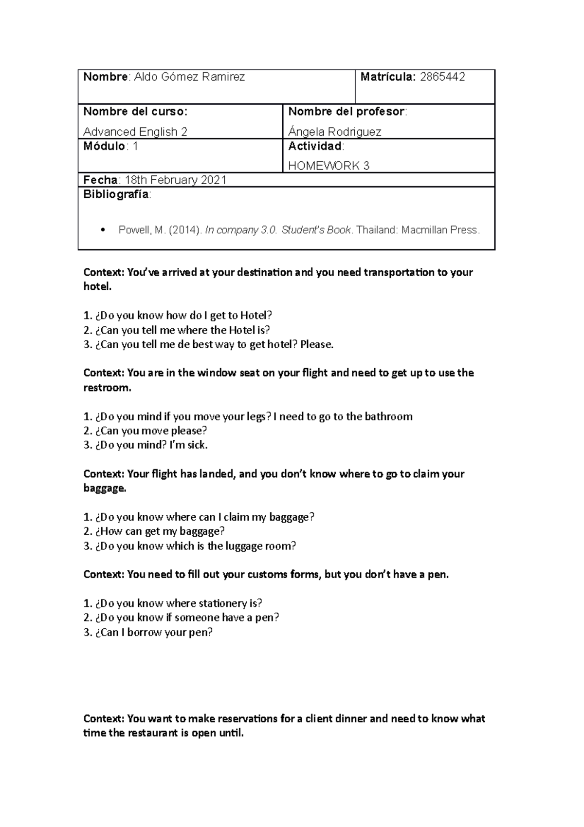 ADV English 2 HW 3 - TAREAS DE INGLES - Nombre : Aldo Gómez Ramirez ...