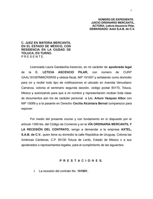 Juicio Ordinario Mercantil Demanda - NÚMERO DE EXPEDIENTE. JUICIO ORDINARIO  MERCANTIL. ACTORA: - Studocu