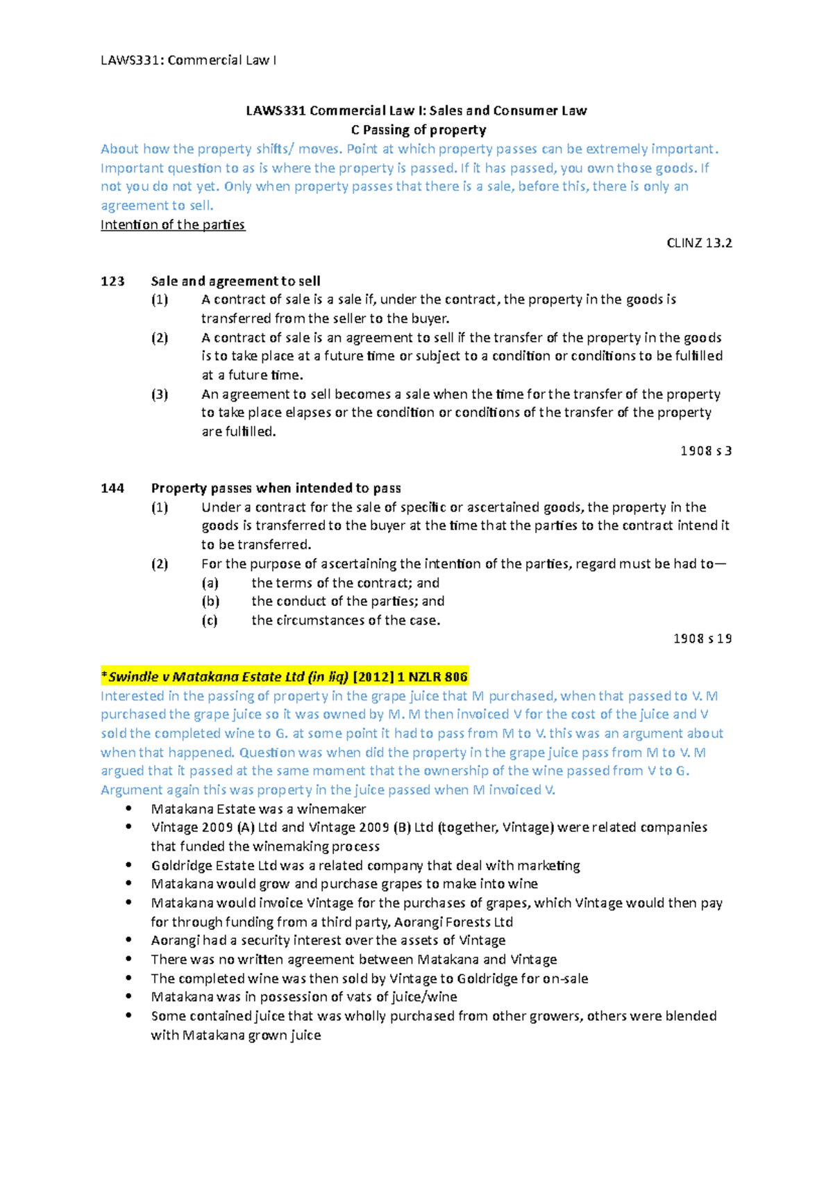 C Passing of property outline - LAWS331 Commercial Law I: Sales and ...