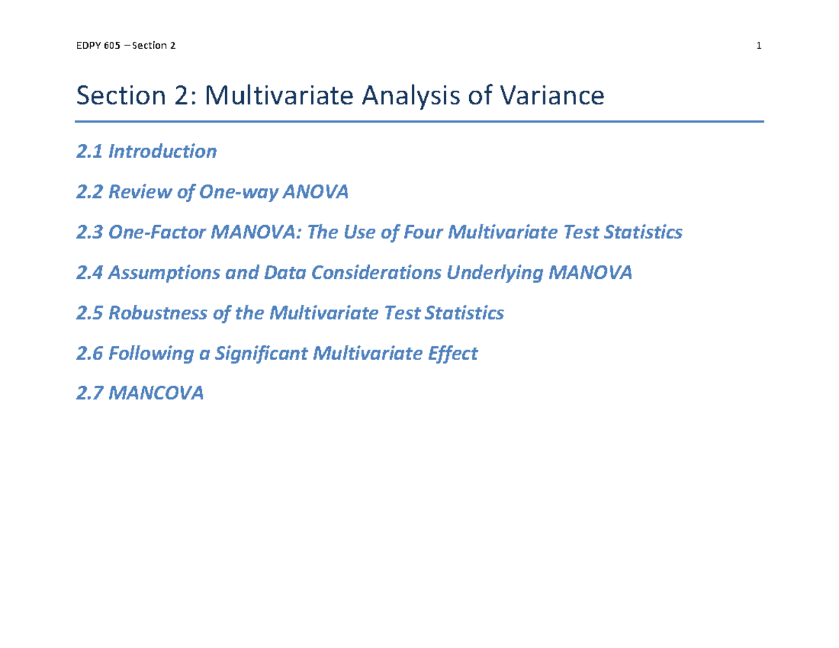 Section 2 Manova and Mancova - Section 2 : Multivariate Analysis of ...