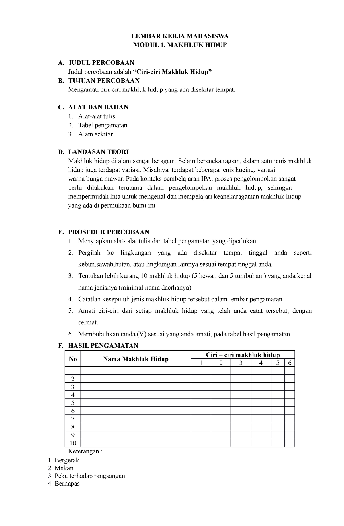 Laporan IPA CIRI CIRI Makhluk Hidup - LEMBAR KERJA MAHASISWA MODUL 1 ...