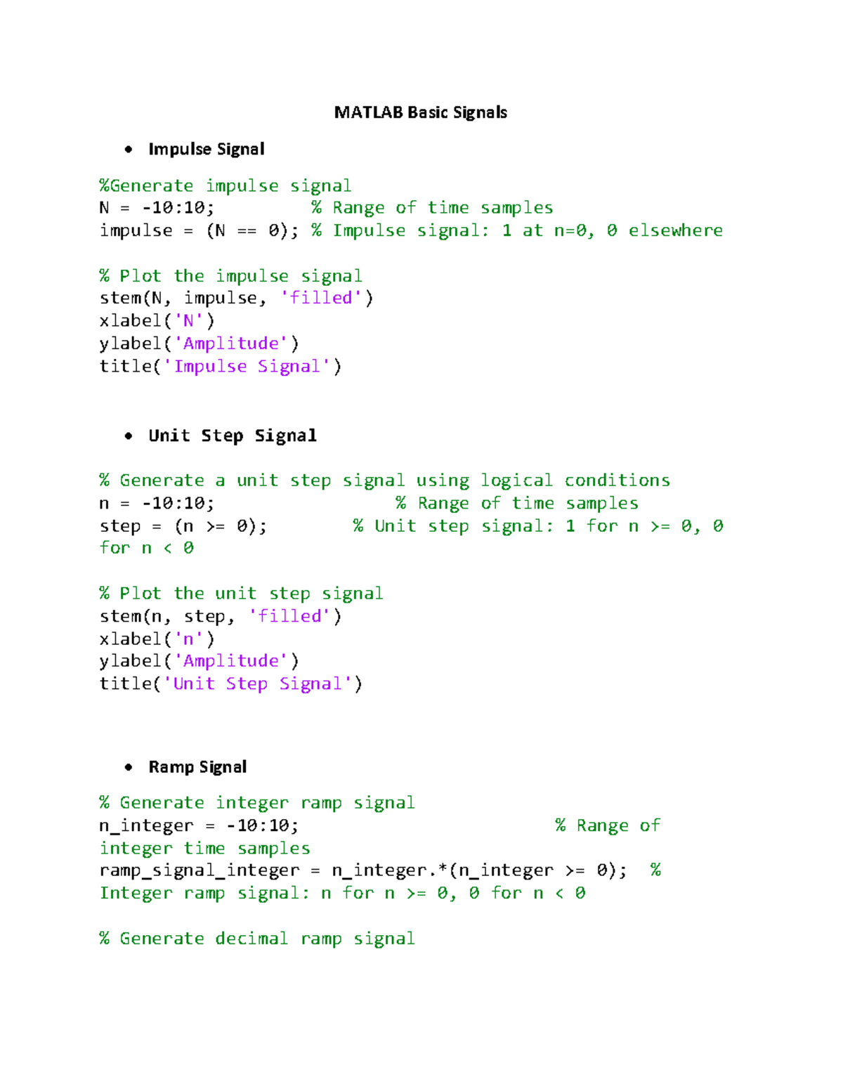 Matlab Basic Signals - MATLAB Basic Signals Impulse Signal %Generate ...