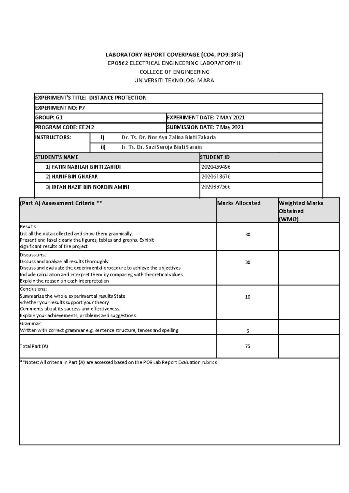EPO562 G1 P7 Labreport Lab report for experiment P7 for Electrical