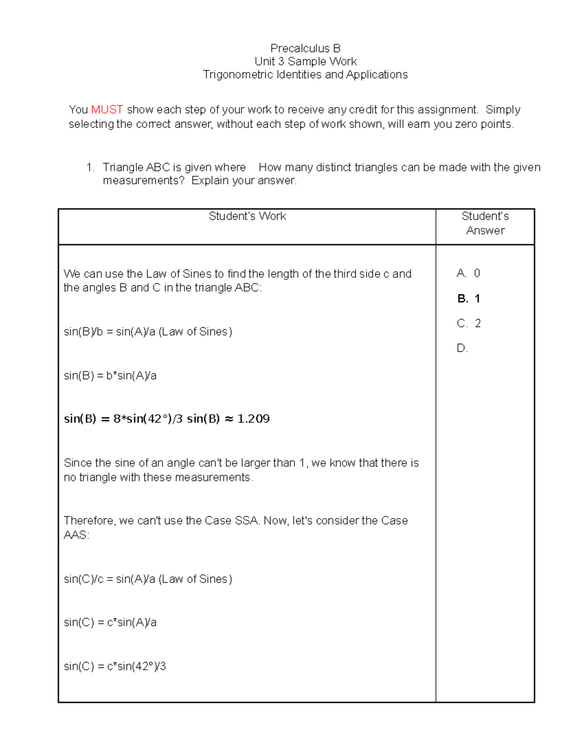 PRE-CAL UNIT 3 SW - Precalculus B Unit 3 Sample Work Trigonometric ...