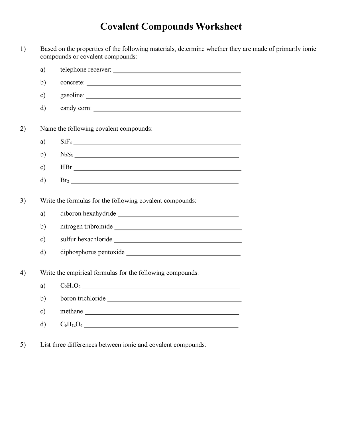 Covalent Compounds Worksheet - Covalent Compounds Worksheet Based on ...