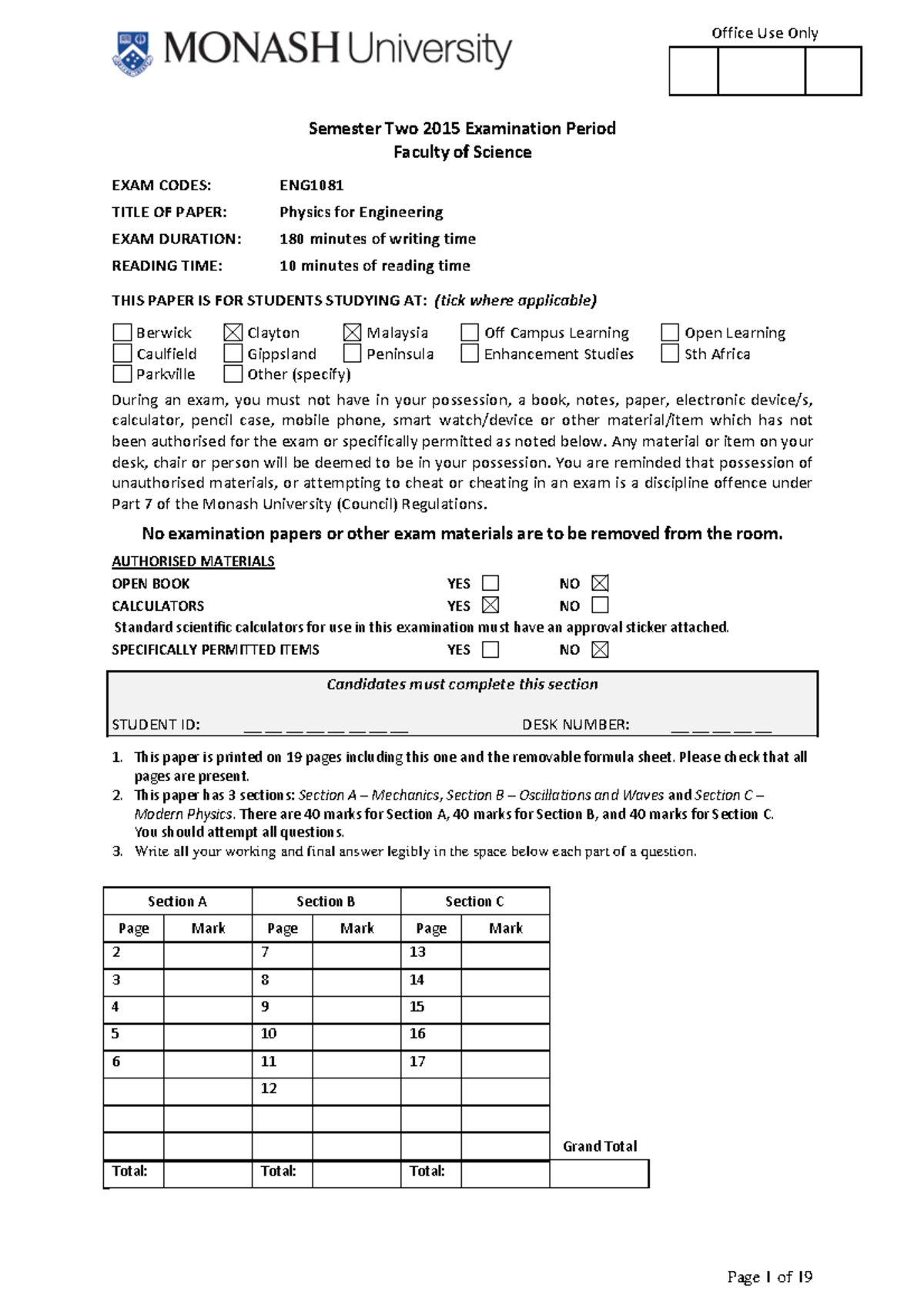 Exam June 2015, questions and answers - Office Use Only Page 1 of 19 ...