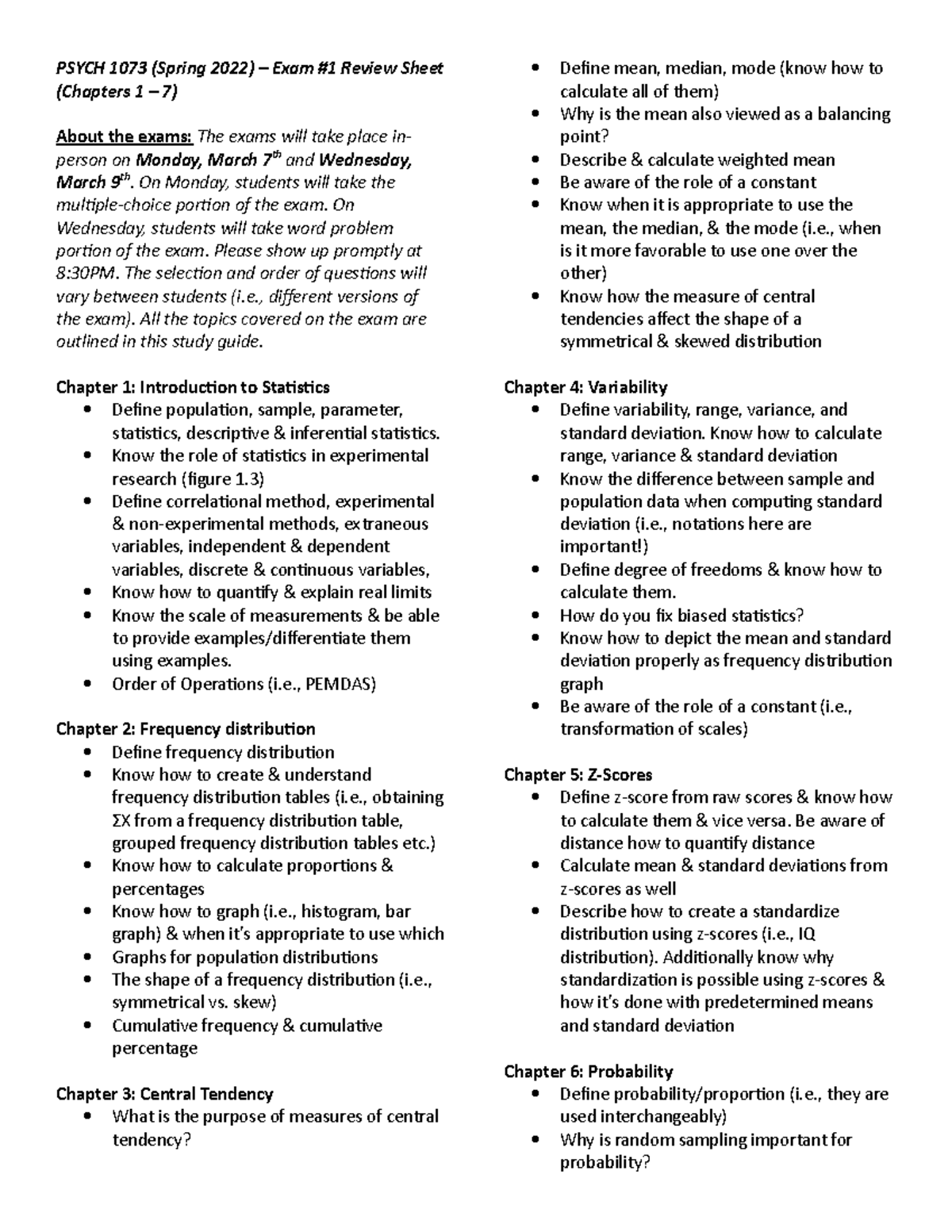 PSYCH 107 3 Exam 1 Review Sheet PSYCH 1073 (Spring 2022) Exam 1