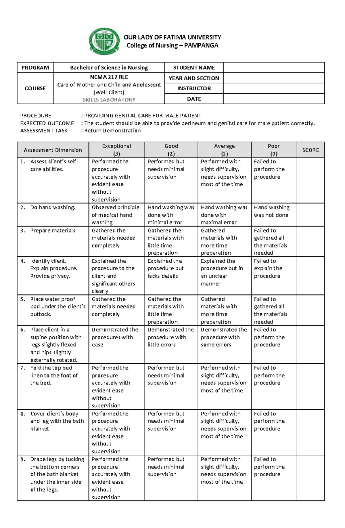 NCMA217 SL Rubrics Providing Genital CARE FOR MALE Patient - OUR LADY ...