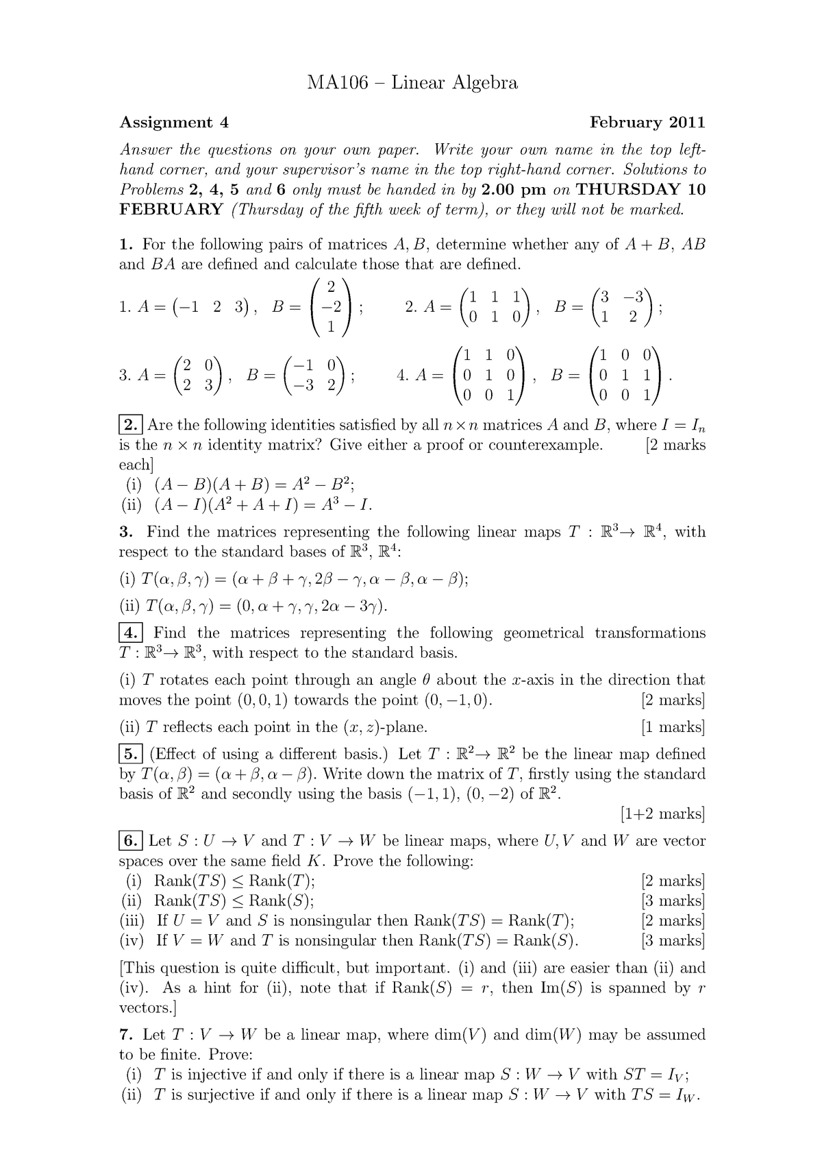 MA106 2010-2011 Assignment 4 - MA106 – Linear Algebra Assignment 4 ...