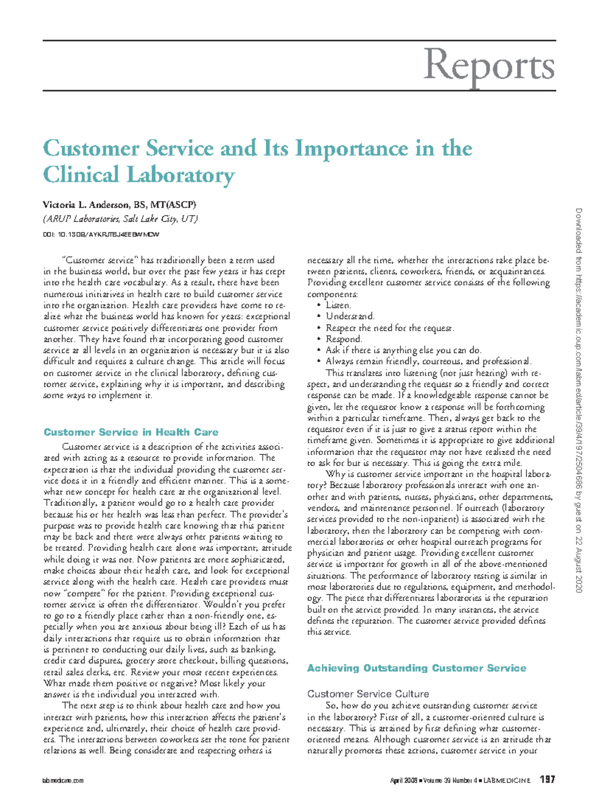 Anderson (2008 ) Customer service and Its Importance in the Clinical ...