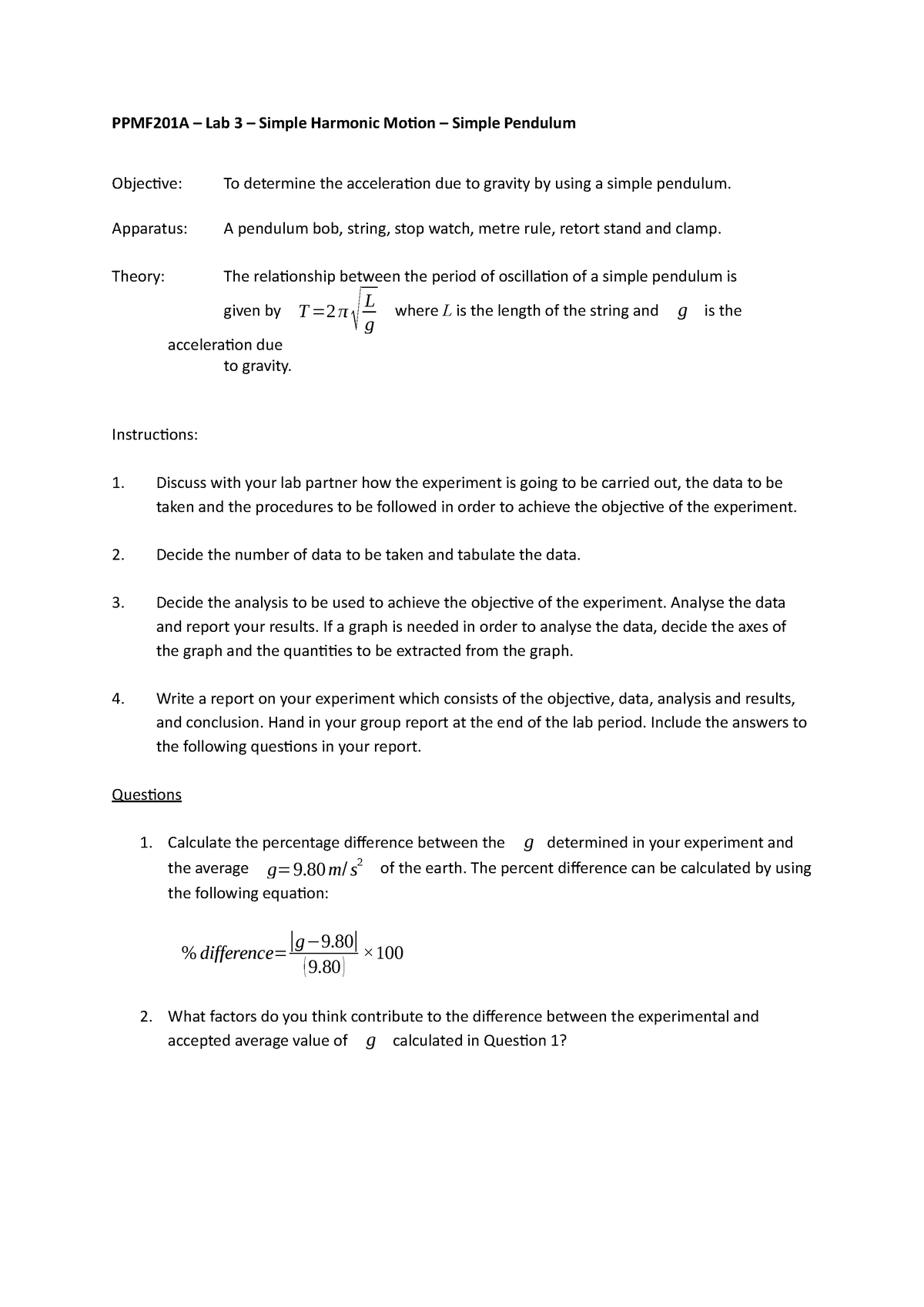 graded assignment lab report pendulum