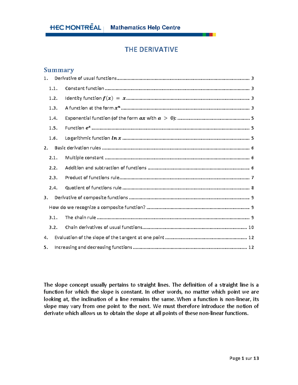 The derivative - Lecture notes 1 - Page 1 sur 13 THE DERIVATIVE Summary ...