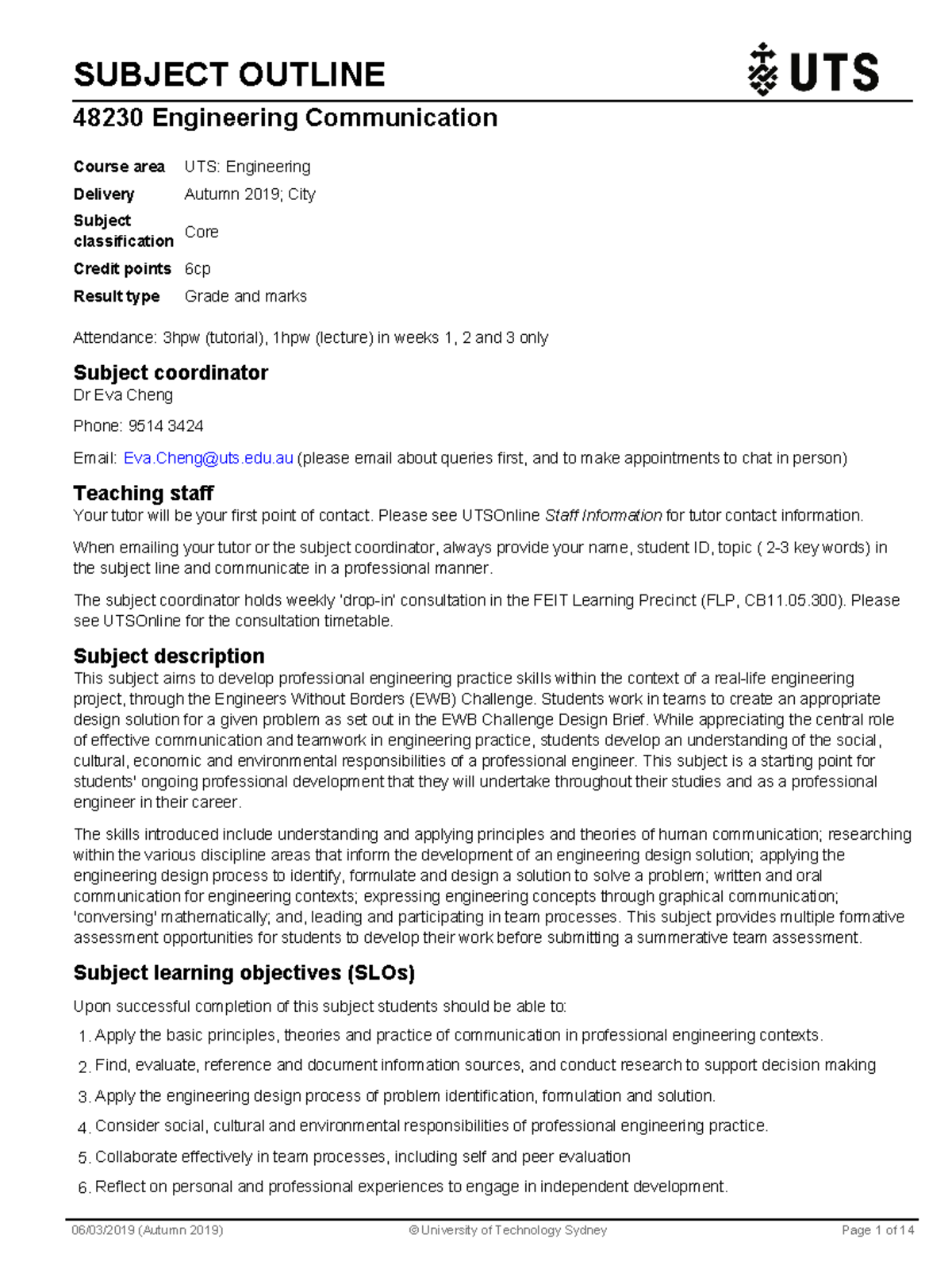Data Systems - SUBJECT OUTLINE 48230 Engineering Communication ...