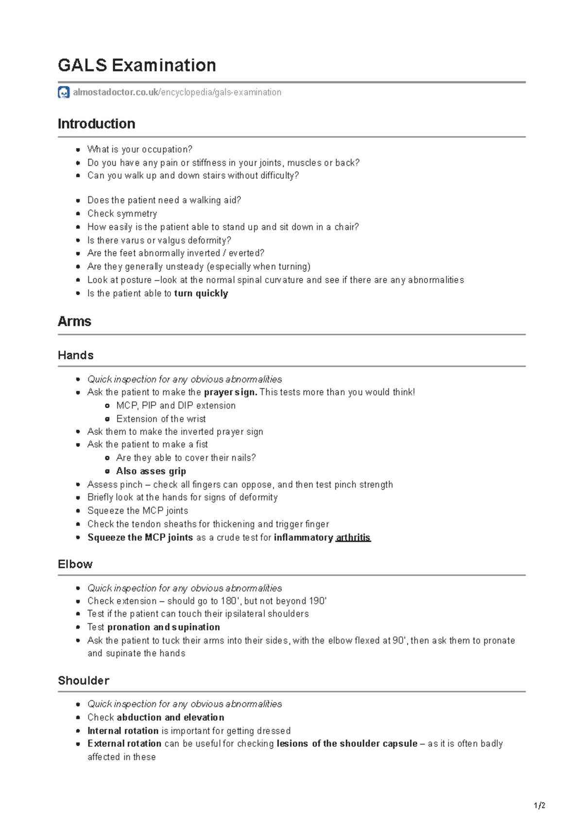 Almostadoctor.co.uk-GALS Examination - 1/ GALS Examination - Studocu