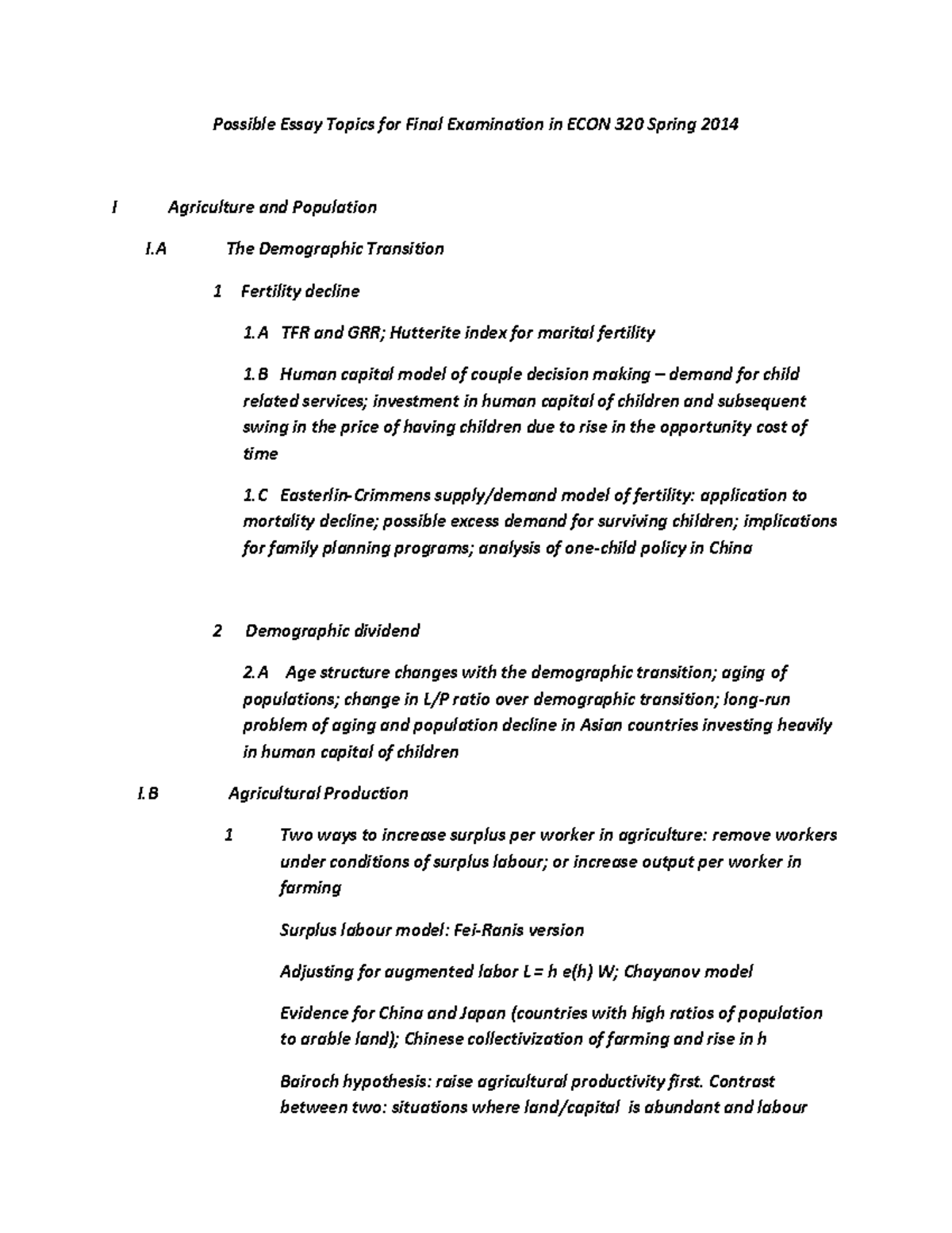 Possible Essay Topics For Final Examination In Econ 320 Spring 2014 ...