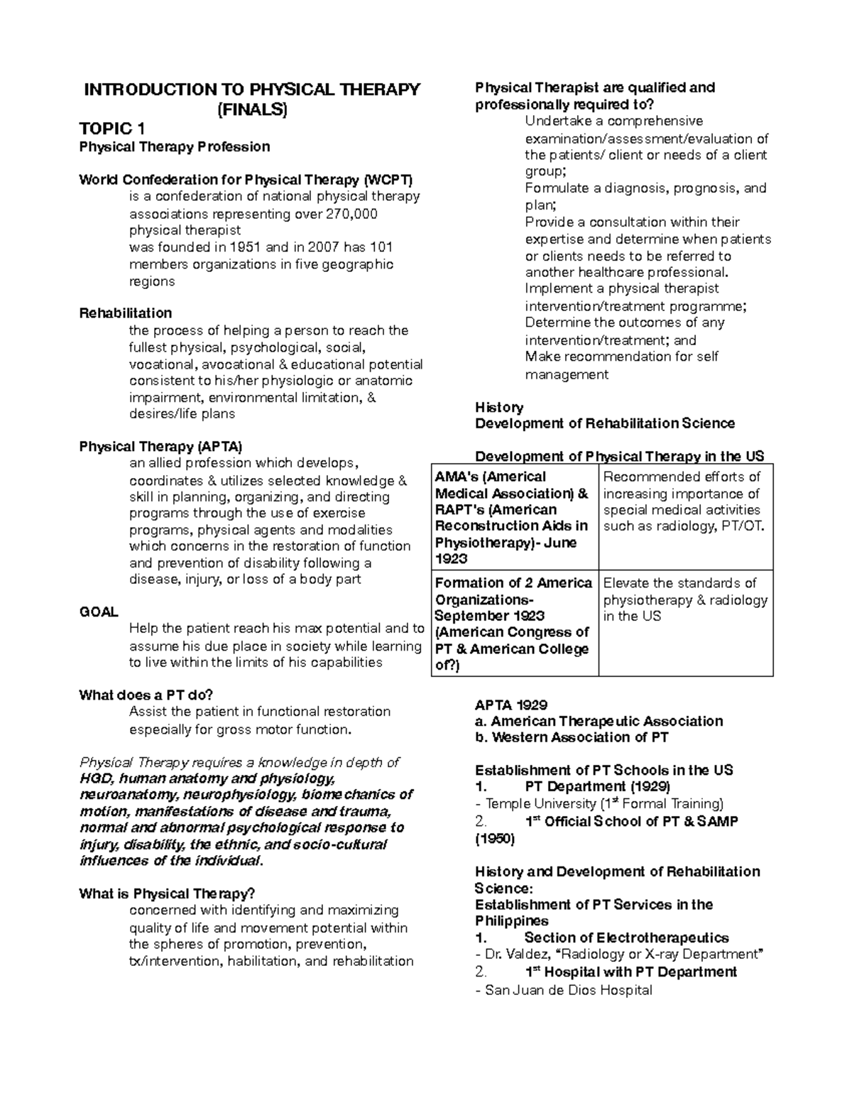 ITPT-finals - ……. - INTRODUCTION TO PHYSICAL THERAPY (FINALS) TOPIC 1 ...