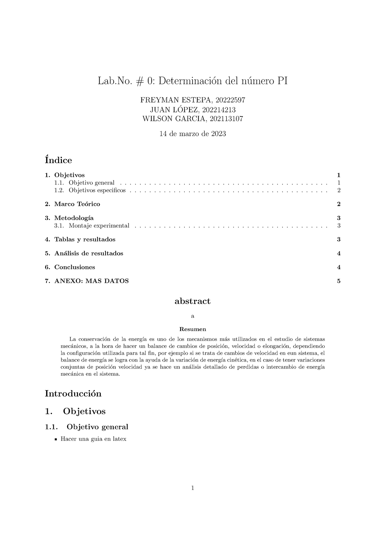 Determinación Numero π - Lab. # 0: Determinaci ́on Del N ́umero PI ...