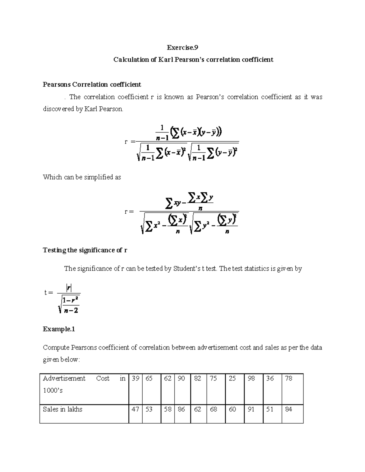 Pract 09 - Exercise. 9 Calculation of Karl Pearson’s correlation ...