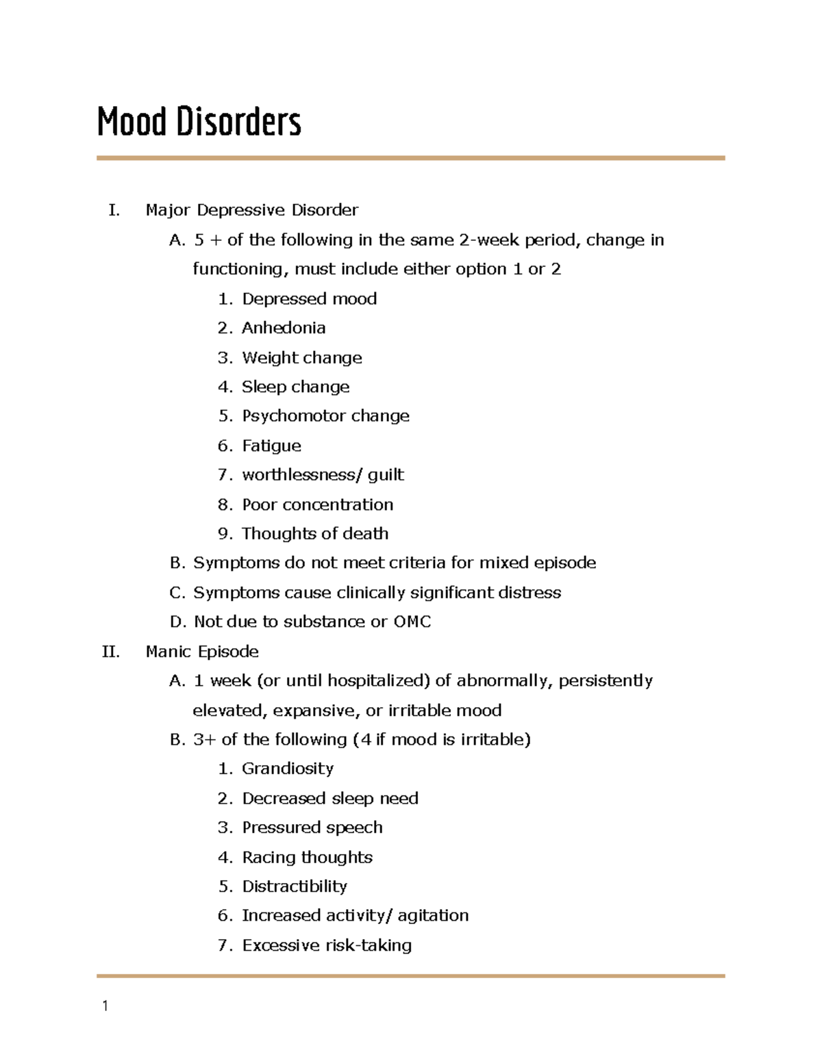 Class notes - Child and adolescent psychopath - Mood Disorders I. Major ...