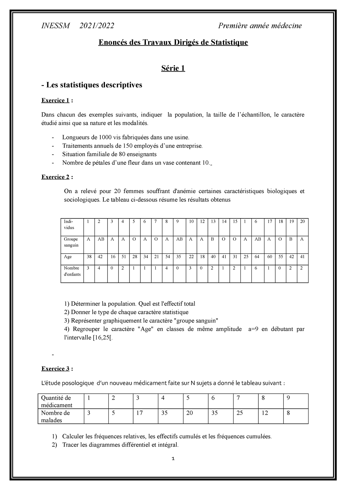 TD-2 - Cours - Enoncés Des Travaux Dirigés De Statistique Série 1 - Les ...