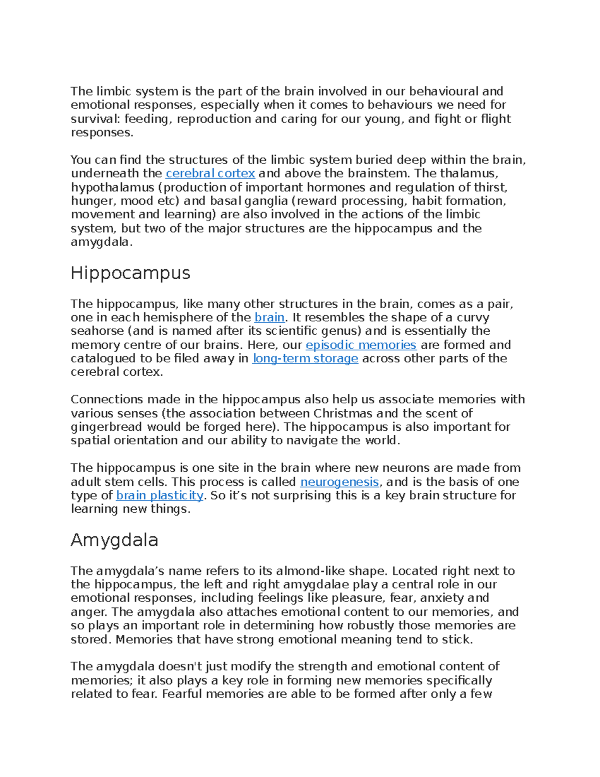 The limbic system - notes - The limbic system is the part of the brain ...