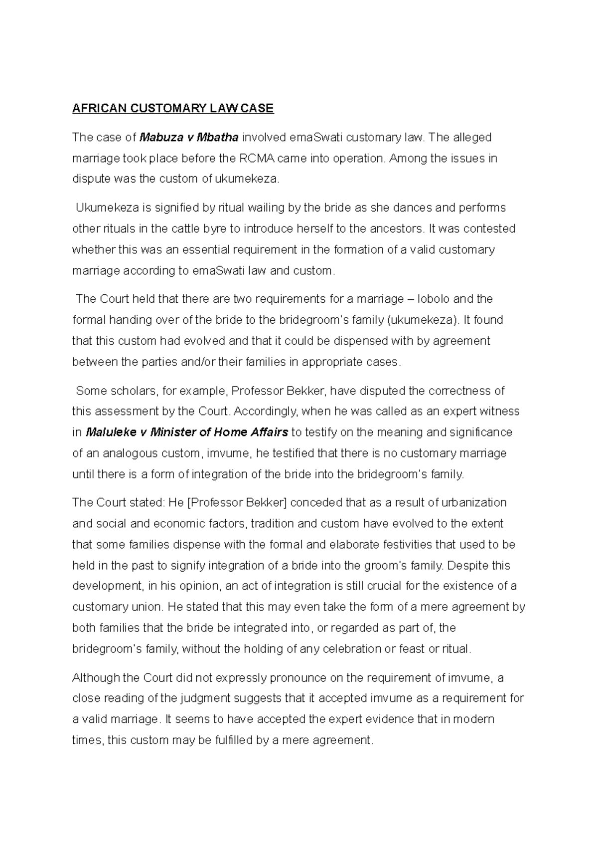 Auto Recovery save of Document 6 AFRICAN CUSTOMARY LAW CASE The case