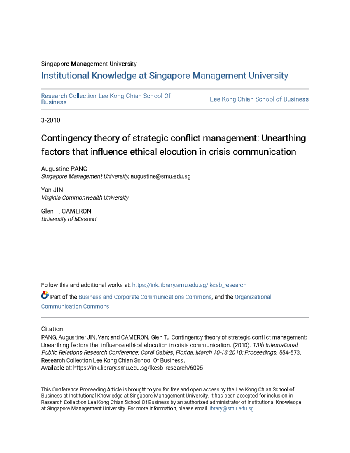 Contingency theory of strategic conflict management Unearthing f ...