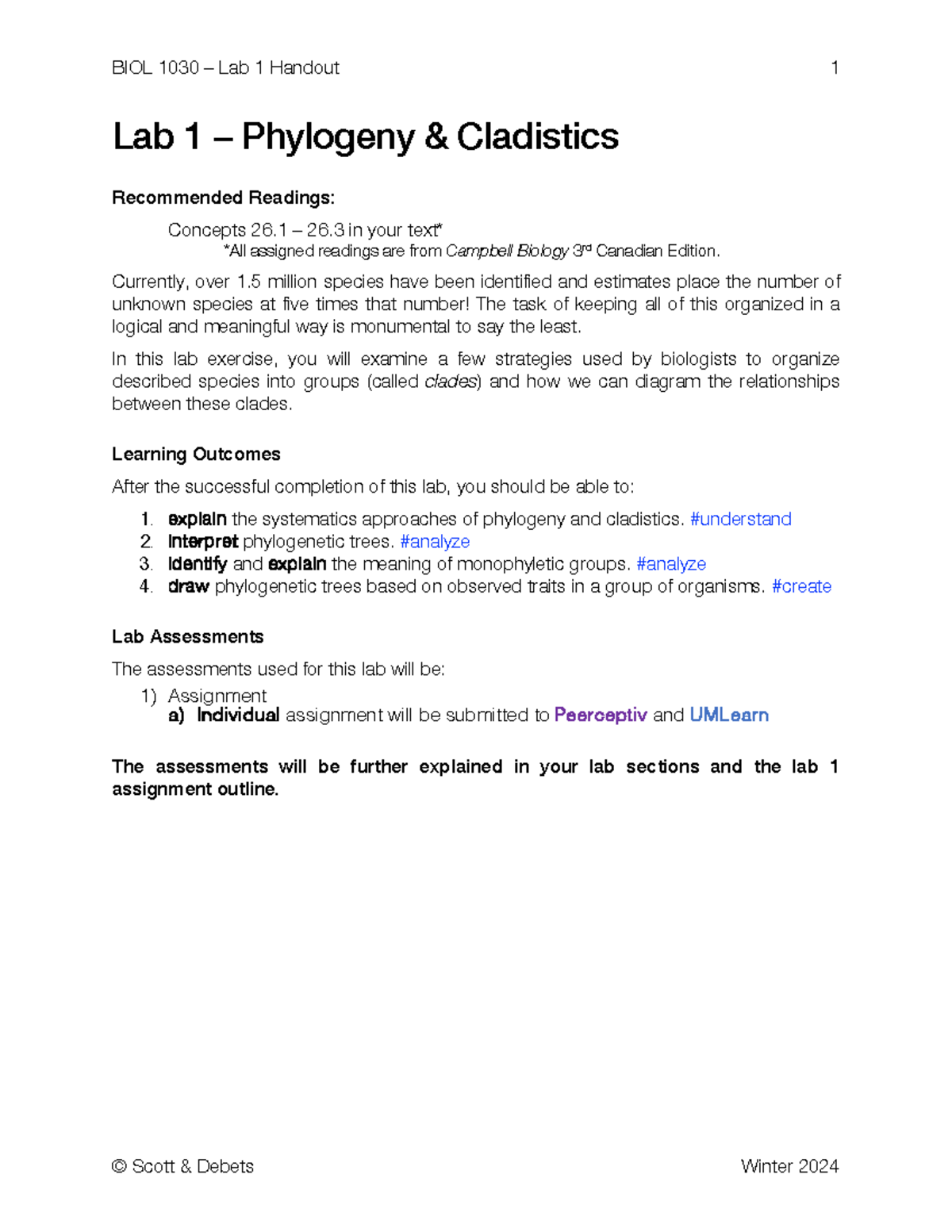 BIOL 1030 Lab 1 Handout - 1 Lab 1 – Phylogeny & Cladistics Recommended ...