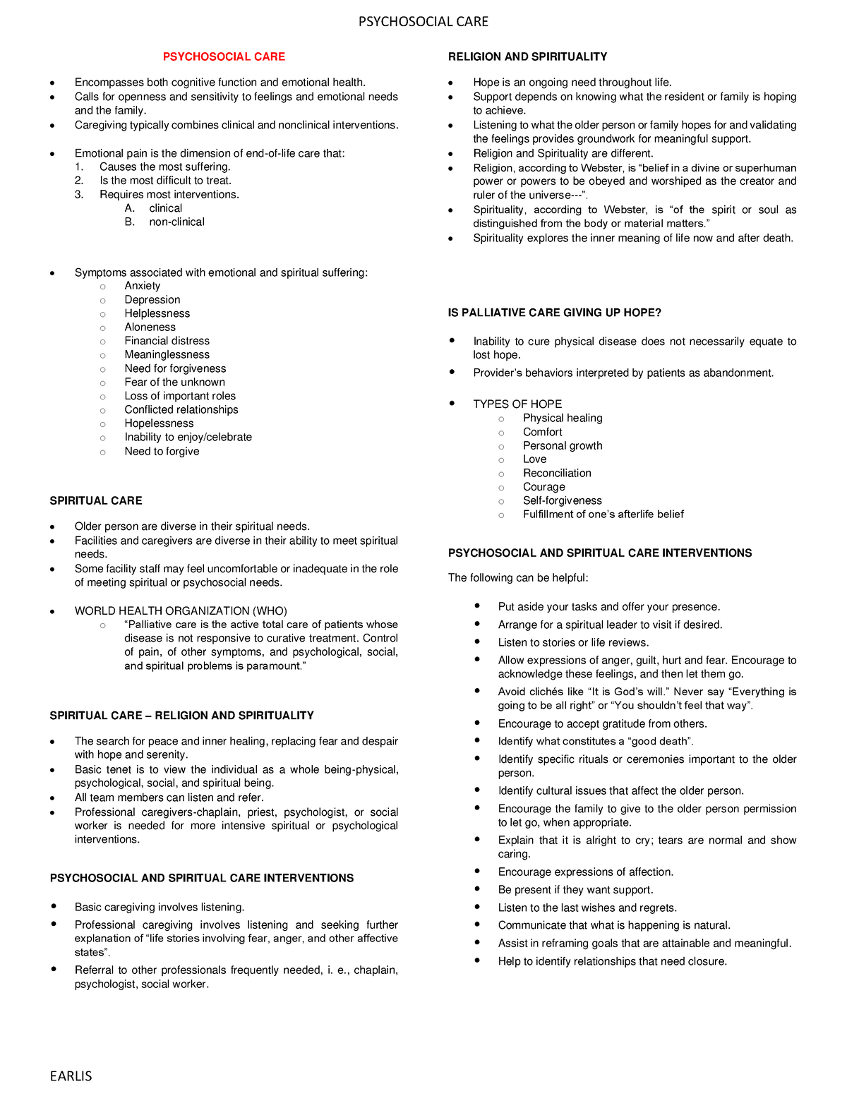 5- Psychosocial-care - . - Psychosocial Care Earlis Psychosocial 